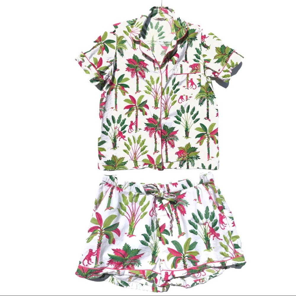 Womens White Tropical Palm Short Pajama Set - Pink & Green